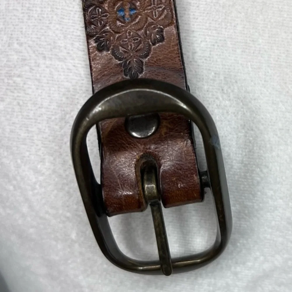Vintage Tooled Southwest Leather Belt Brass Buckle